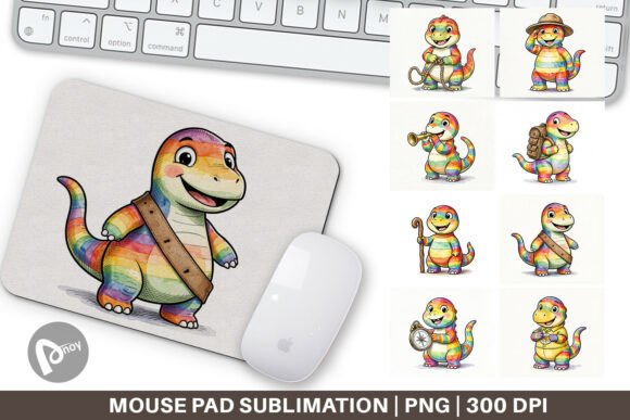 Retro Watercolor Camping Dino Mouse Pad