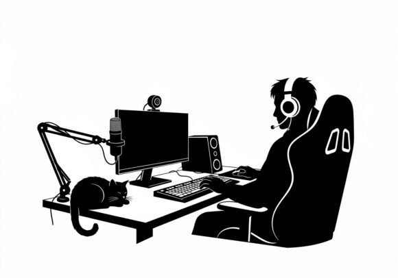 Silhouette Man Wearing Headset Computer: Versatile Vector Bundle