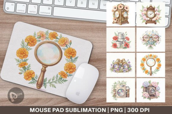 Vintage Camera Floral Mouse Pad PNG for Creative Workspaces